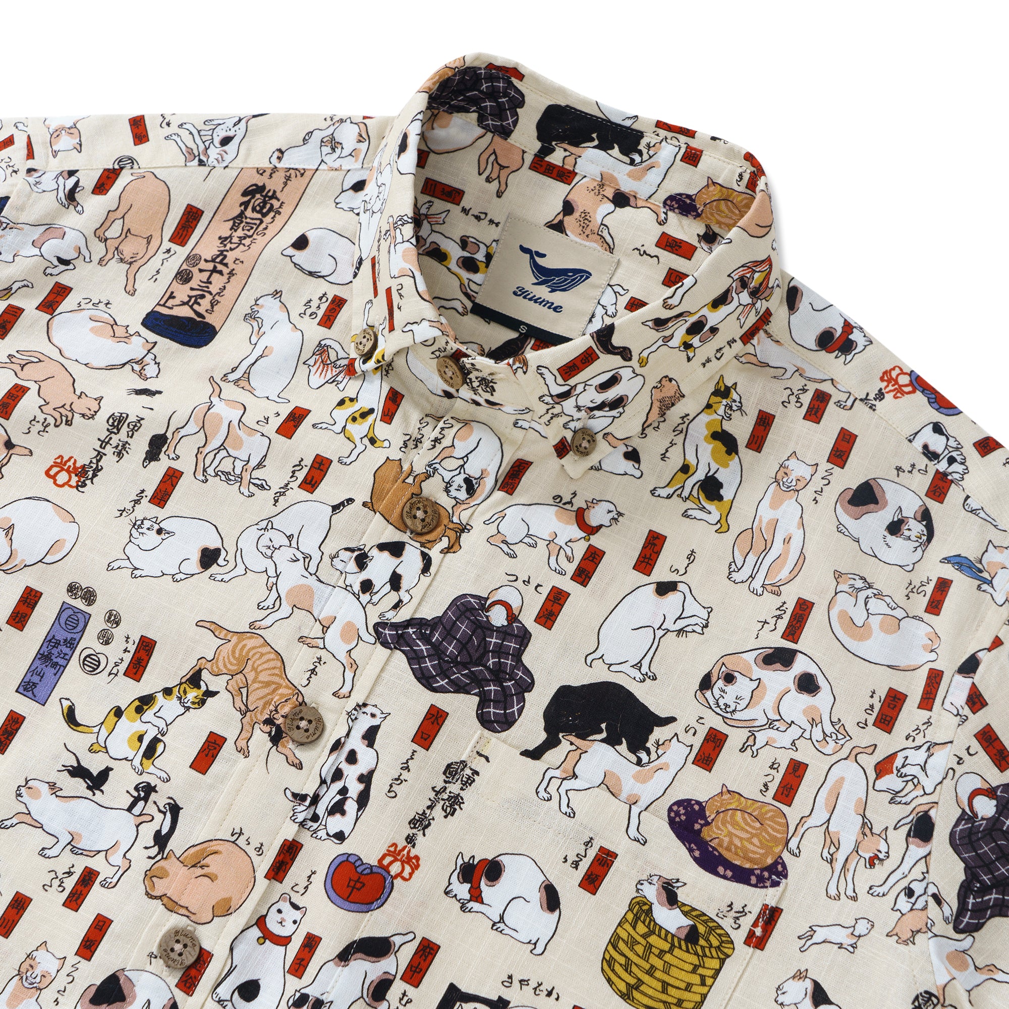 Tokaido 53 Station Cats Collection 100% Cotton Men's Aloha Hawaiian Long Sleeve Button-down Shirt