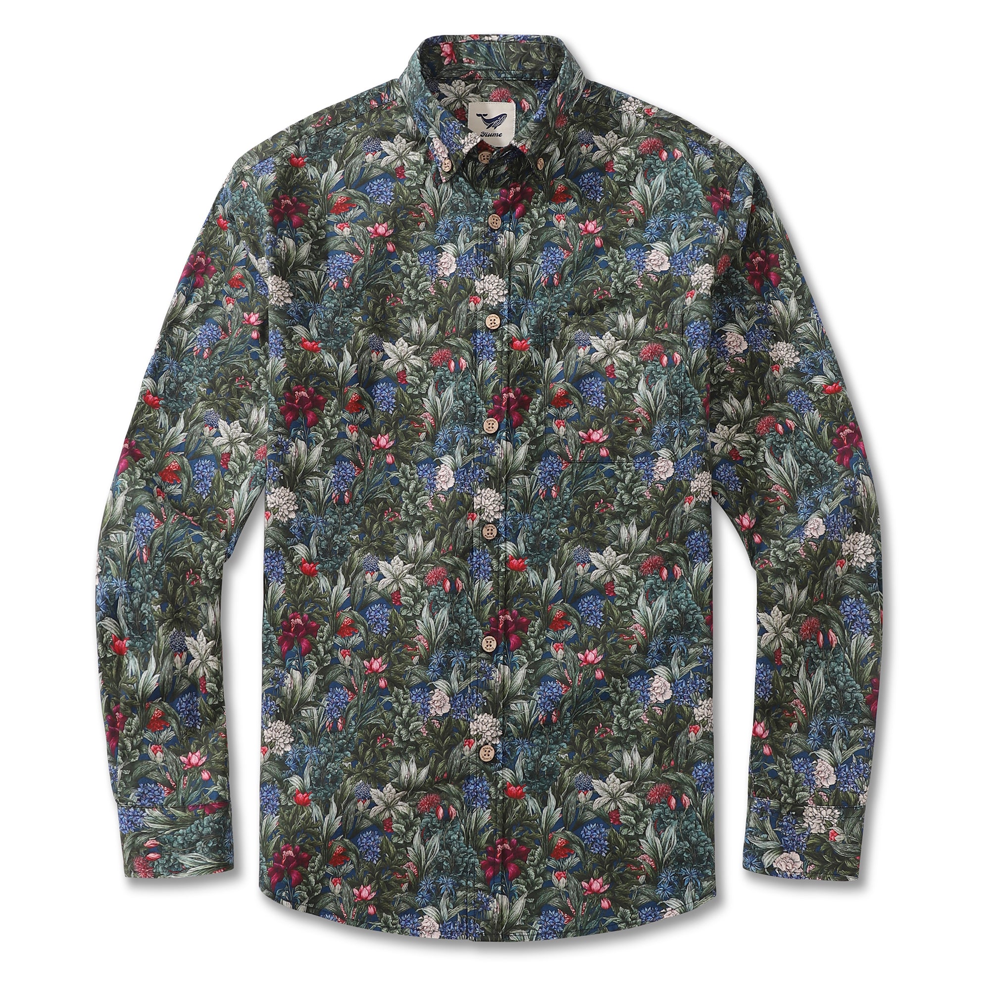 Camicia hawaiana da uomo Camicia Aloha a maniche lunghe in cotone con ortensie e rose