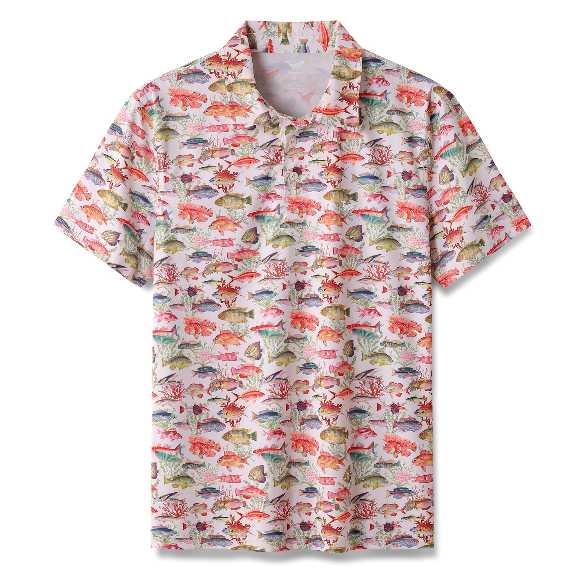 Polo de manga corta con estampado de peces marinos hawaianos para hombre
