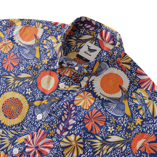 Men's Hawaiian Shirt 1960s Vintage Kingfisher and Flowers Print Cotton Button-down Short Sleeve Aloha Shirt