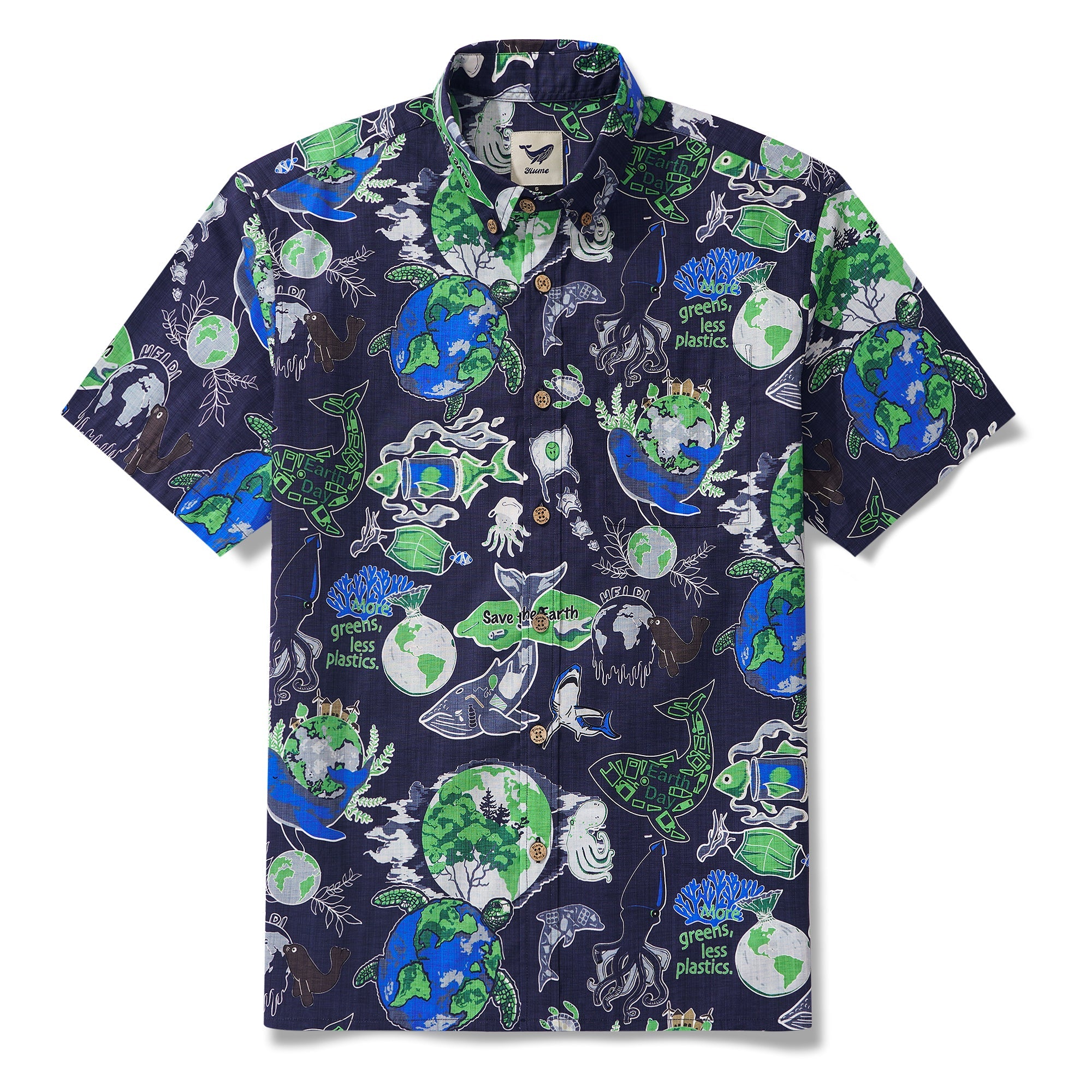 Men's Hawaiian Shirt Short Sleeve Button-down 100% Cotton Aloha Save Earth
