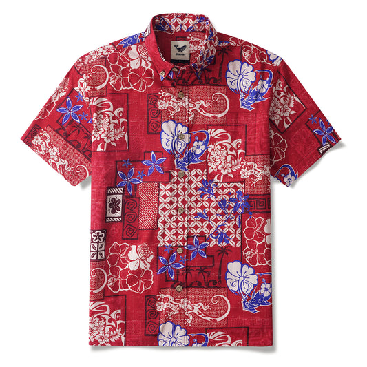 Romantic Hawaiian Vibes 100% Cotton Men's Short Sleeve Button-down Shirt Red Aloha Hawaiian