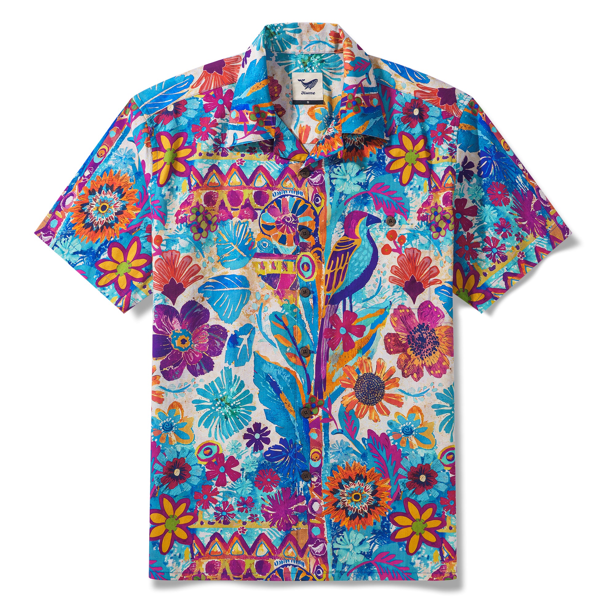 Tropical Wonder Painted Shirt 100% Cotton Men's Short Sleeve Camp Collar Shirt Blue Aloha Hawaiian