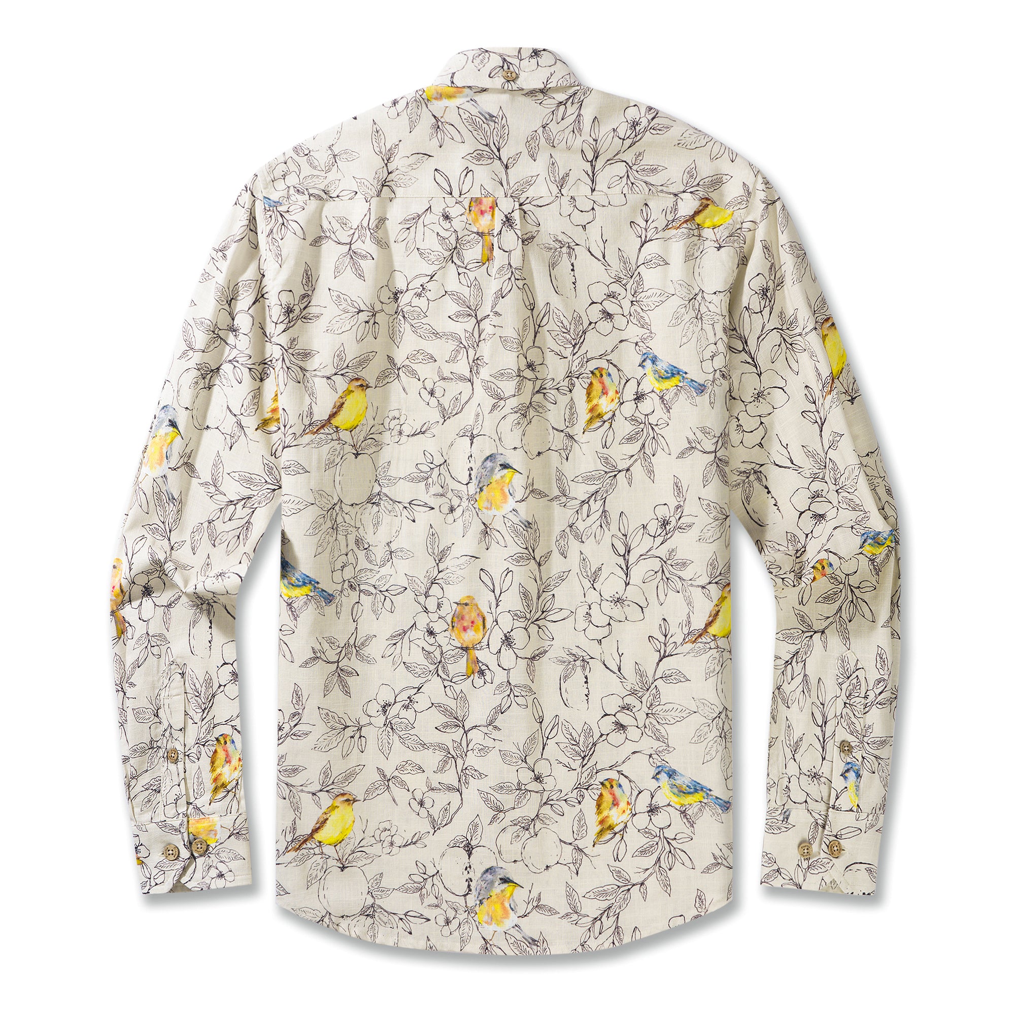 Birds and Blossoms By Hina Mirza 100% Cotton Men's Long Sleeve Button-down Shirt Beige Aloha Hawaiian