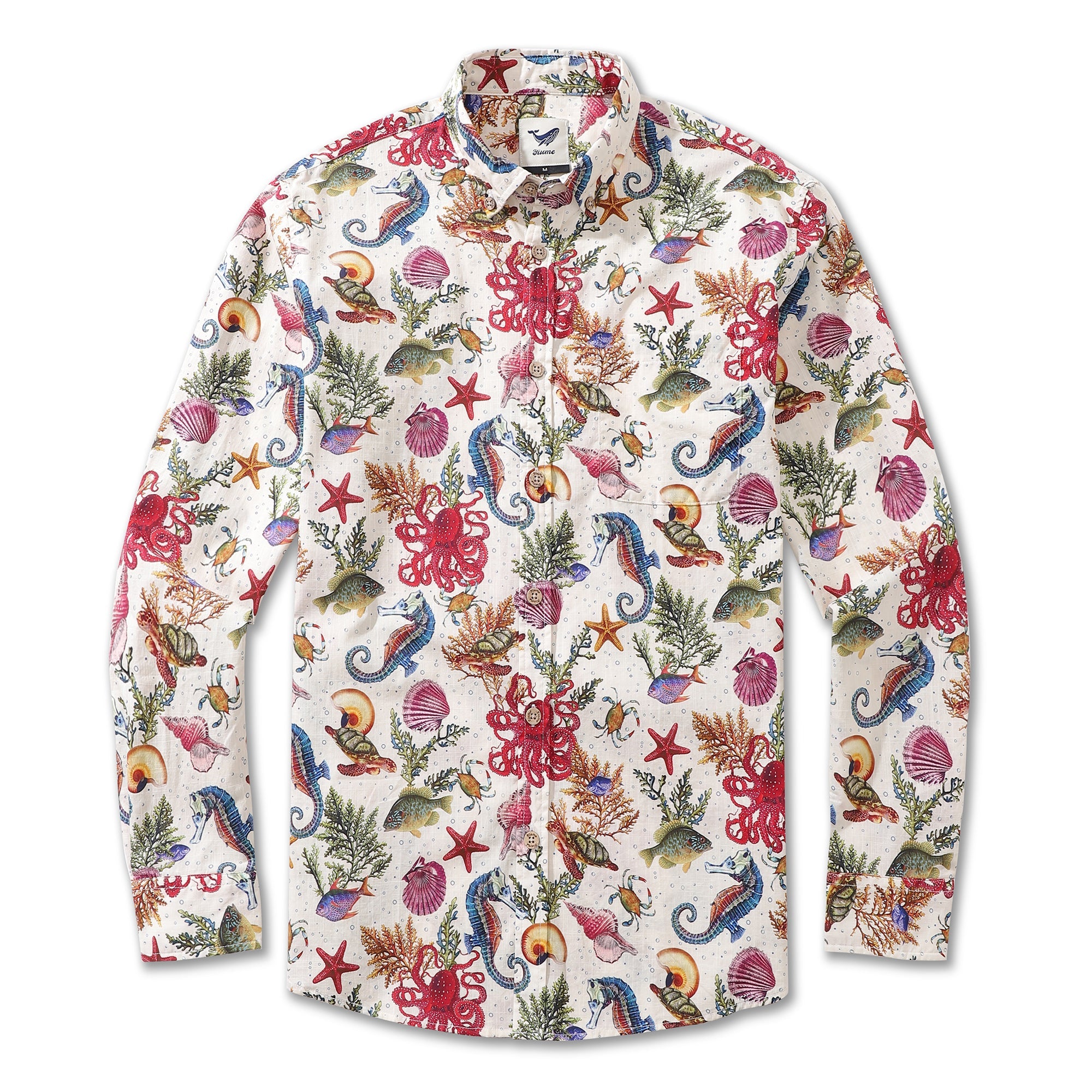 Camisa Hawaiana para Hombre Vida Marina Estampado Caballito de Mar Pulpo Algodón Botones Larga Manga Aloha