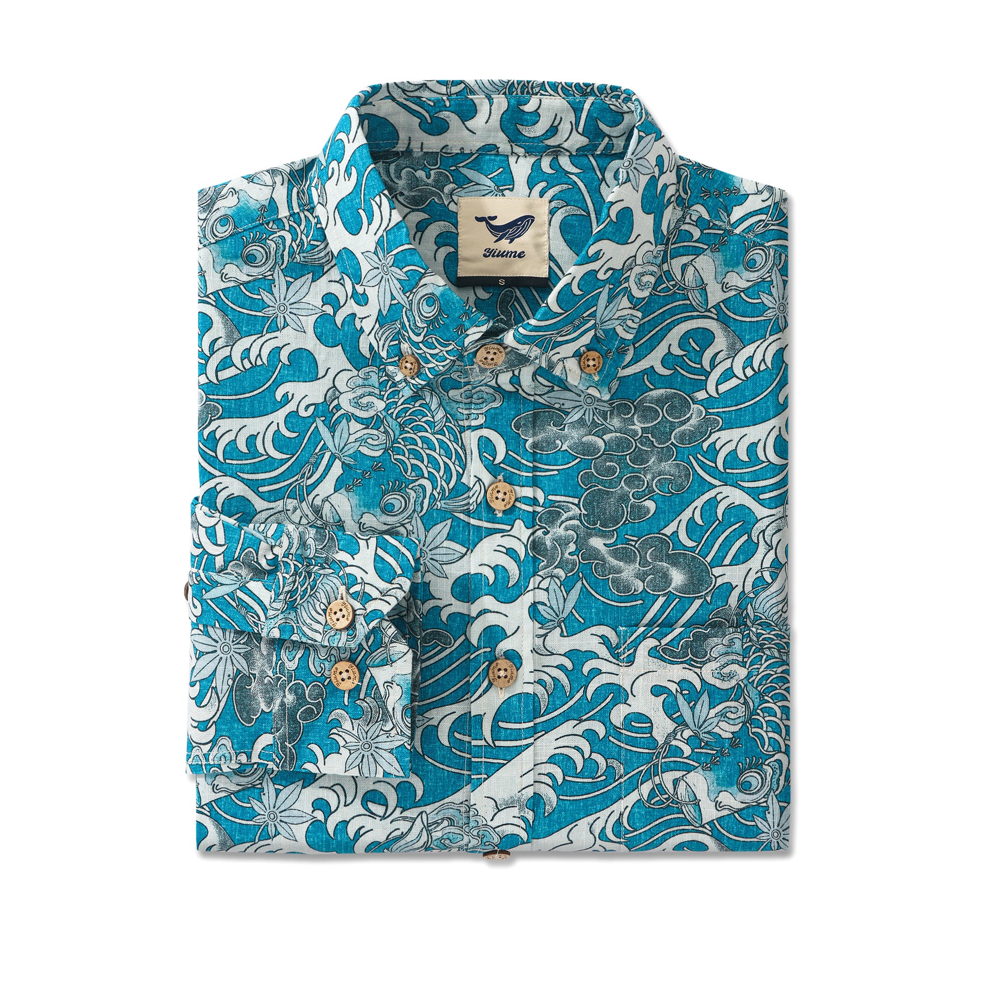 Koi Dance in the Clouds 100% Cotton Men's Aloha Hawaiian Long Sleeve Button-down Shirt