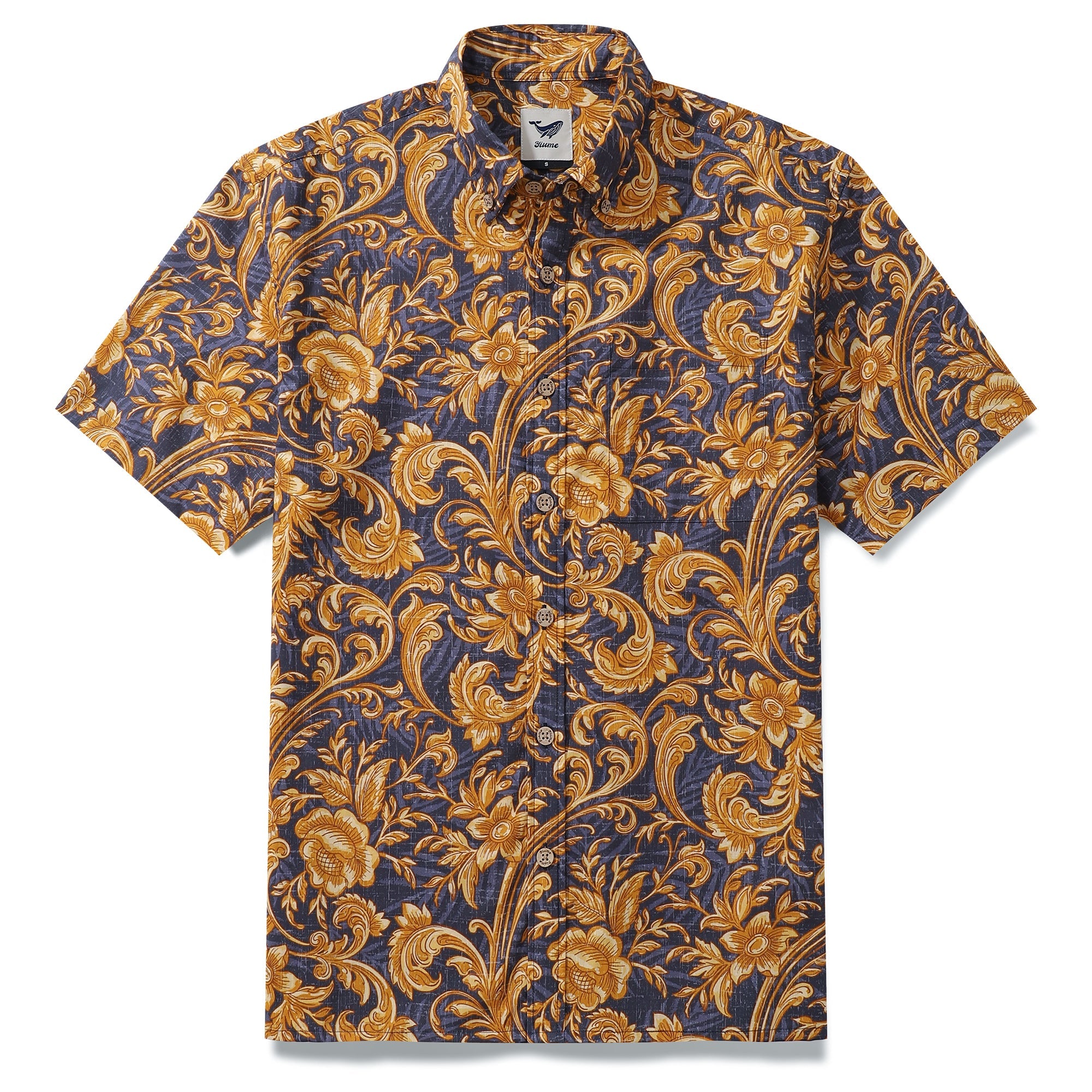 Tropical Hawaiian Shirt For Men Golden Floral Button-down Shirt Short Sleeve 100% Cotton Shirt