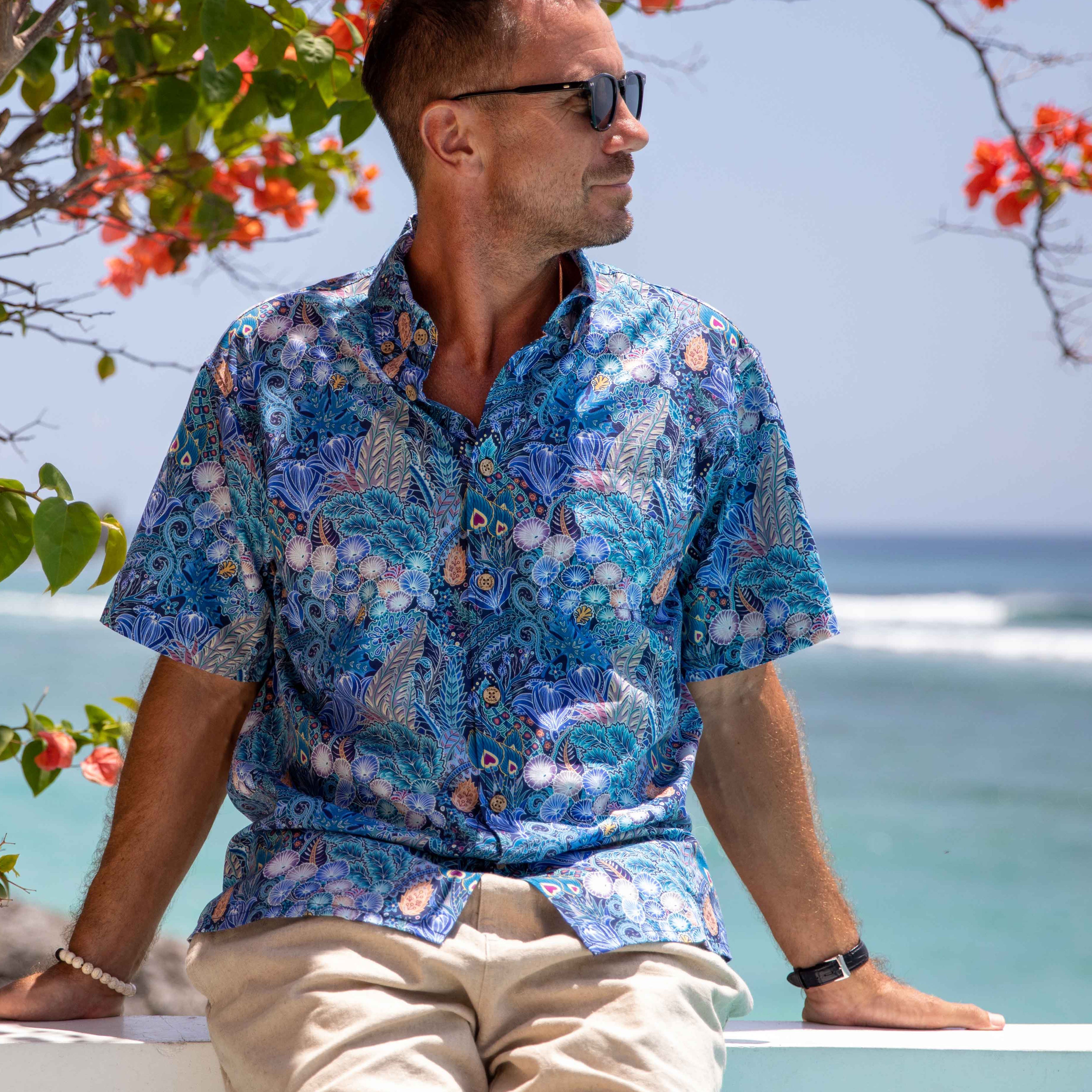 Camicia hawaiana da uomo con motivo floreale, serie 2, camicia Aloha a maniche corte abbottonata in cotone con stampa