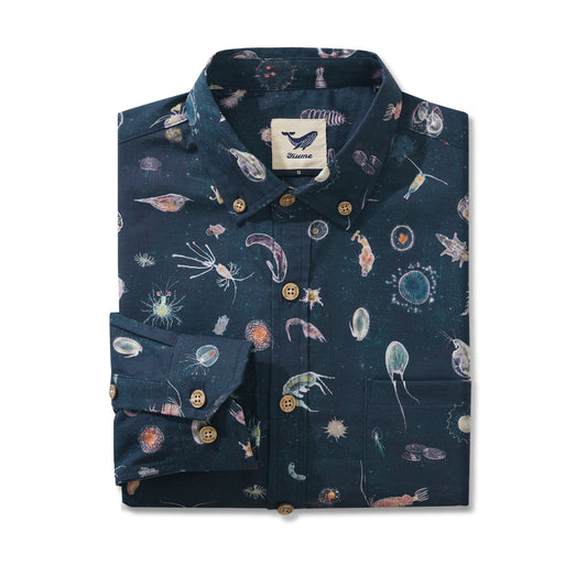 Plankton By Katherine Quinn 100% Cotton Men's Long Sleeve Button-down Shirt Blue Aloha Hawaiian