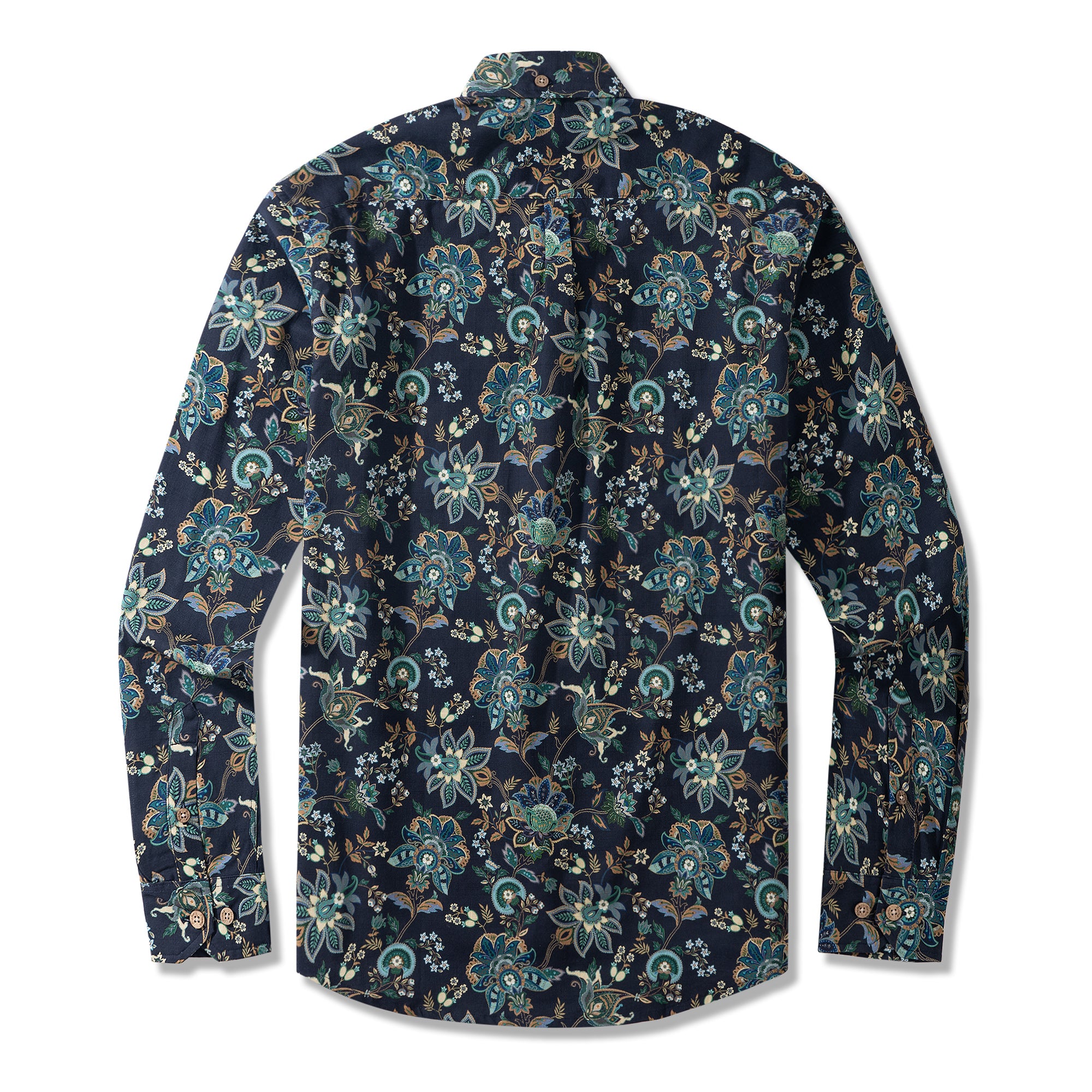 Hawaiian Artisan Shirts Black Fantasy Flowers 100% Cotton Men's Long Sleeve Button-down Shirt Green Aloha Hawaiian