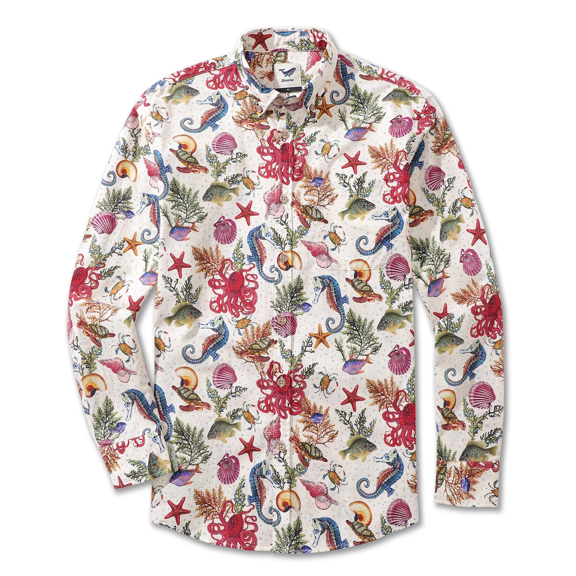 Camisa Hawaiana para Hombre Vida Marina Estampado Caballito de Mar Pulpo Algodón Botones Larga Manga Aloha