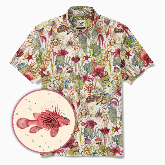 Men's Hawaiian Shirt Short Sleeve Button-down 100% Cotton Beige Aloha Ocean Reverie