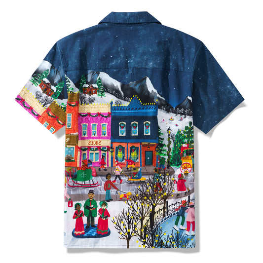 Christmas 100% Cotton Hawaiian Shirt For Men Advent Street Town By Abby Jacobs Camp Collar Aloha Shirt