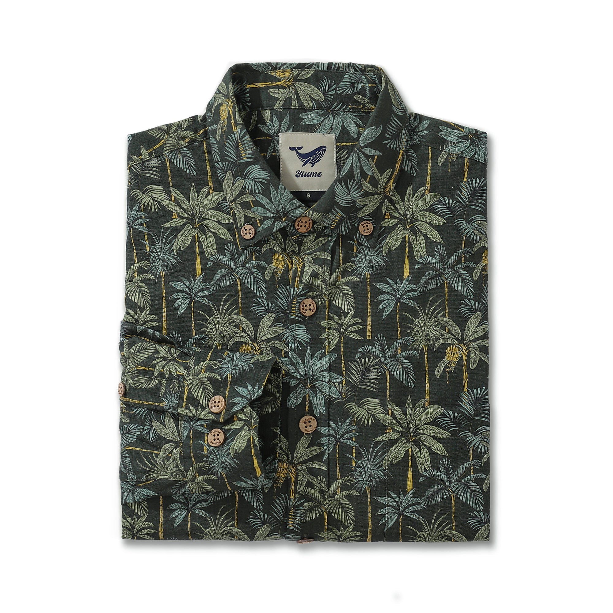 Long Sleeve Hawaiian Shirt For Men Tropical Forest Cotton Button-down Aloha Shirt