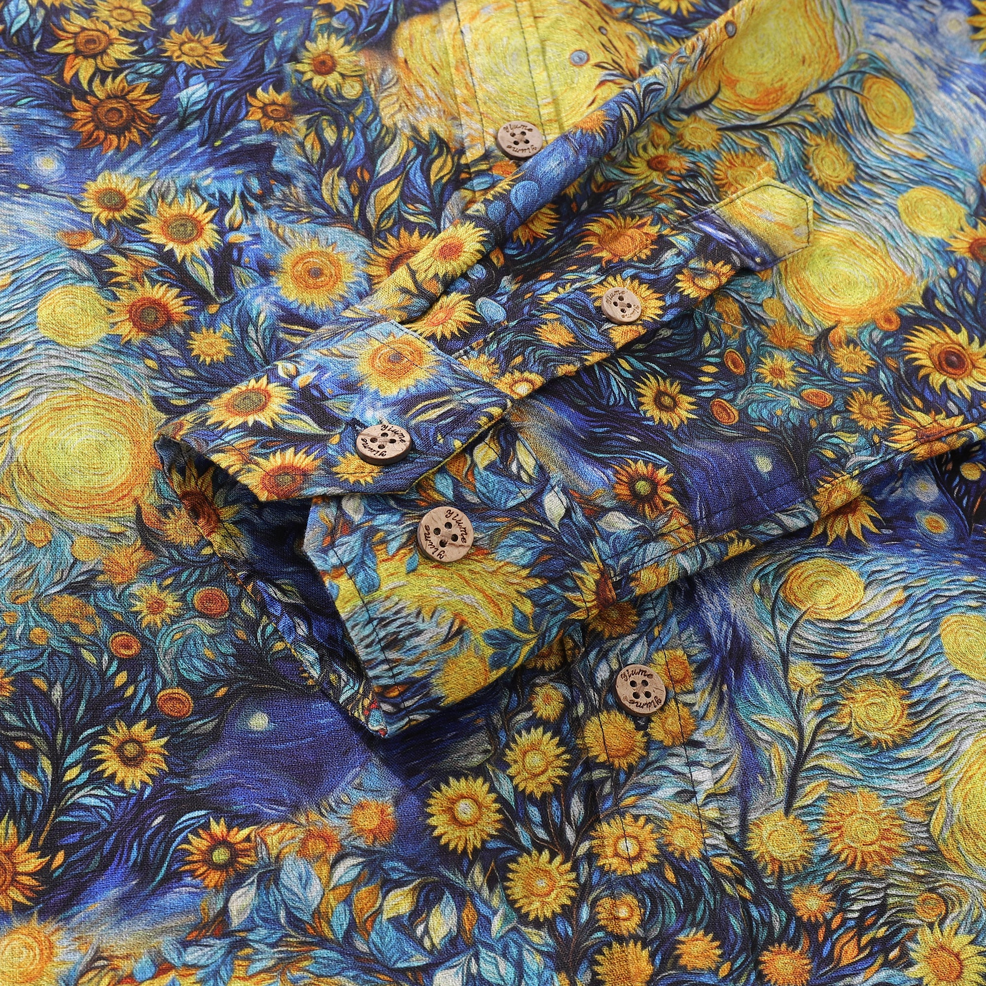 Long Sleeve Hawaiian Shirt For Men Van Gogh Sunflower Cotton Button-down Aloha Shirt