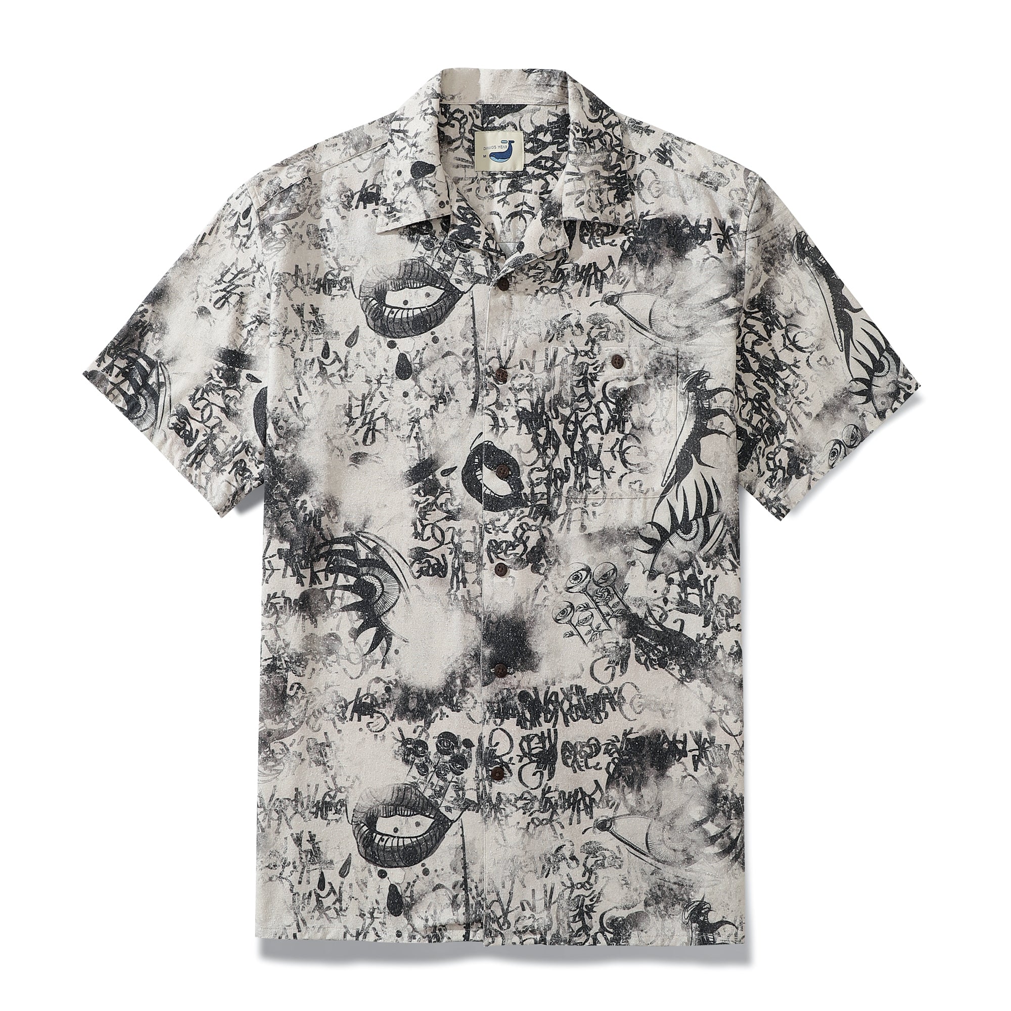 Lips And Eyes Abstract Pattern Short-sleeve Silk Shirt With Camp Collar