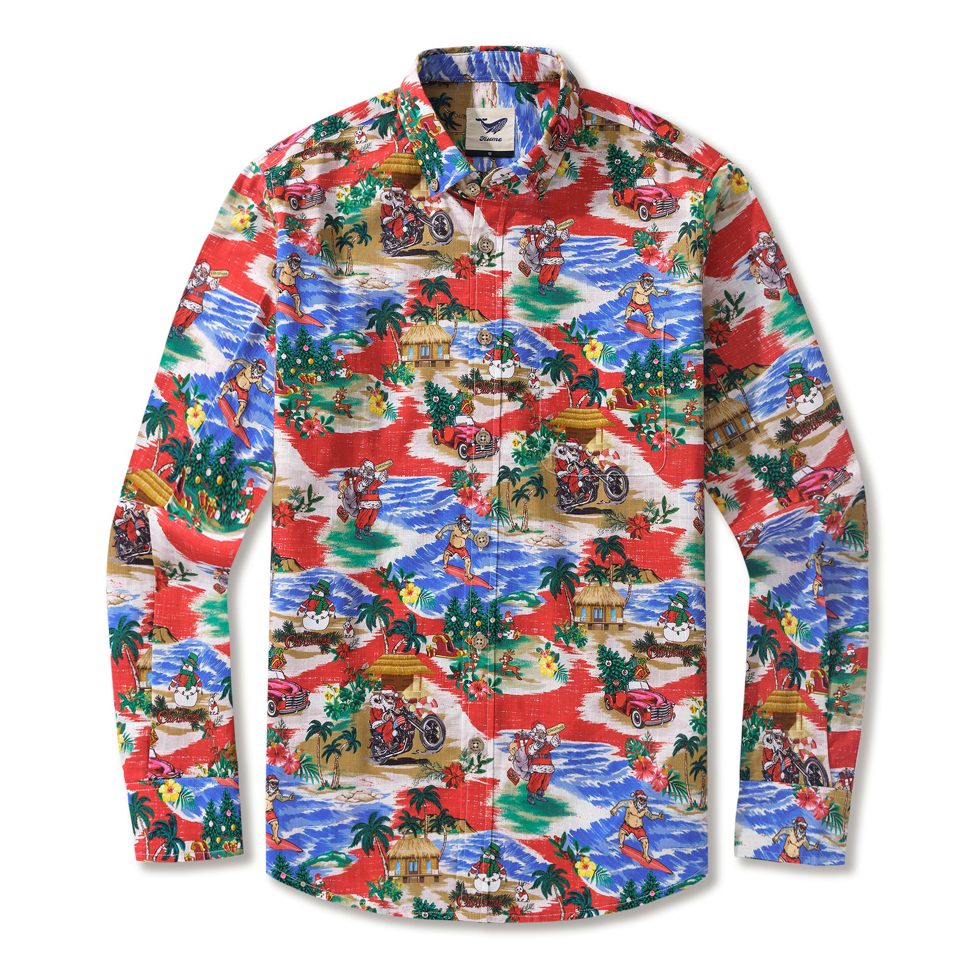 Christmas Long Sleeve Hawaiian Shirt For Men Santa Claus on a Harley 100% Cotton Button-down Aloha Shirt