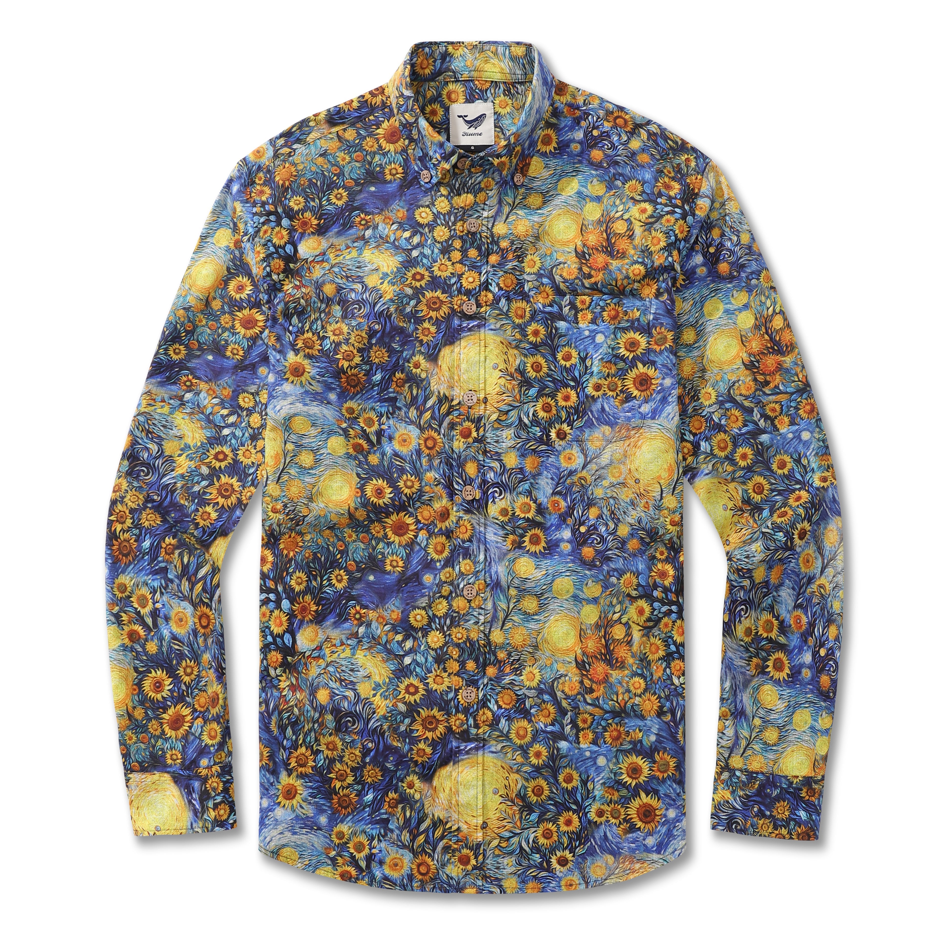 Long Sleeve Hawaiian Shirt For Men Van Gogh Sunflower Cotton Button-down Aloha Shirt