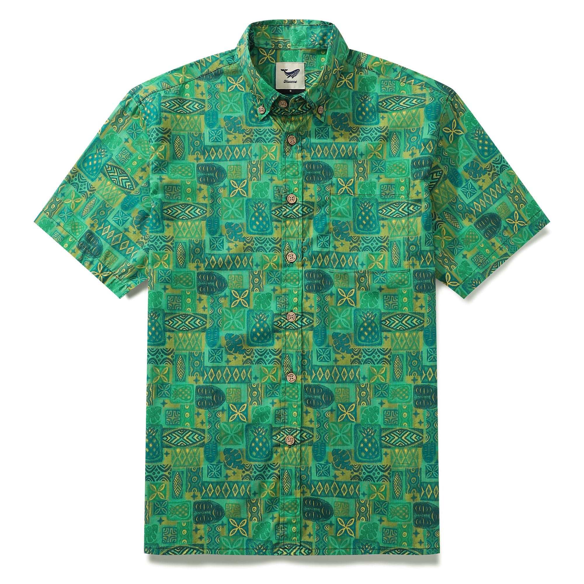 Hawaiian Hemden für Herren Tiki Vintage Shirt Grüner Totem 100% Baumwolle