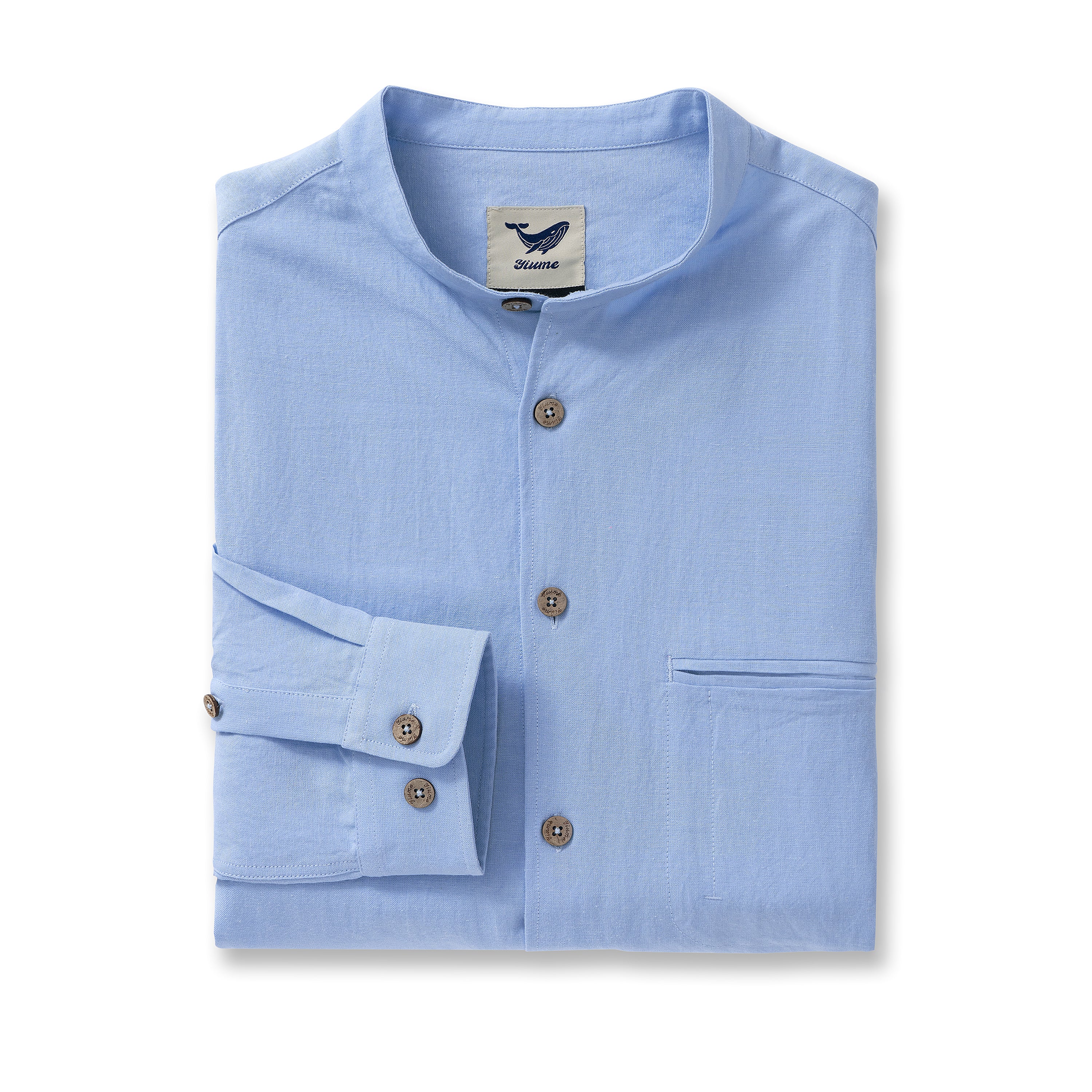 Hawaiian Shirt For Men Italian Nobleman's Ramie Band Collar Shirt - Light Blue