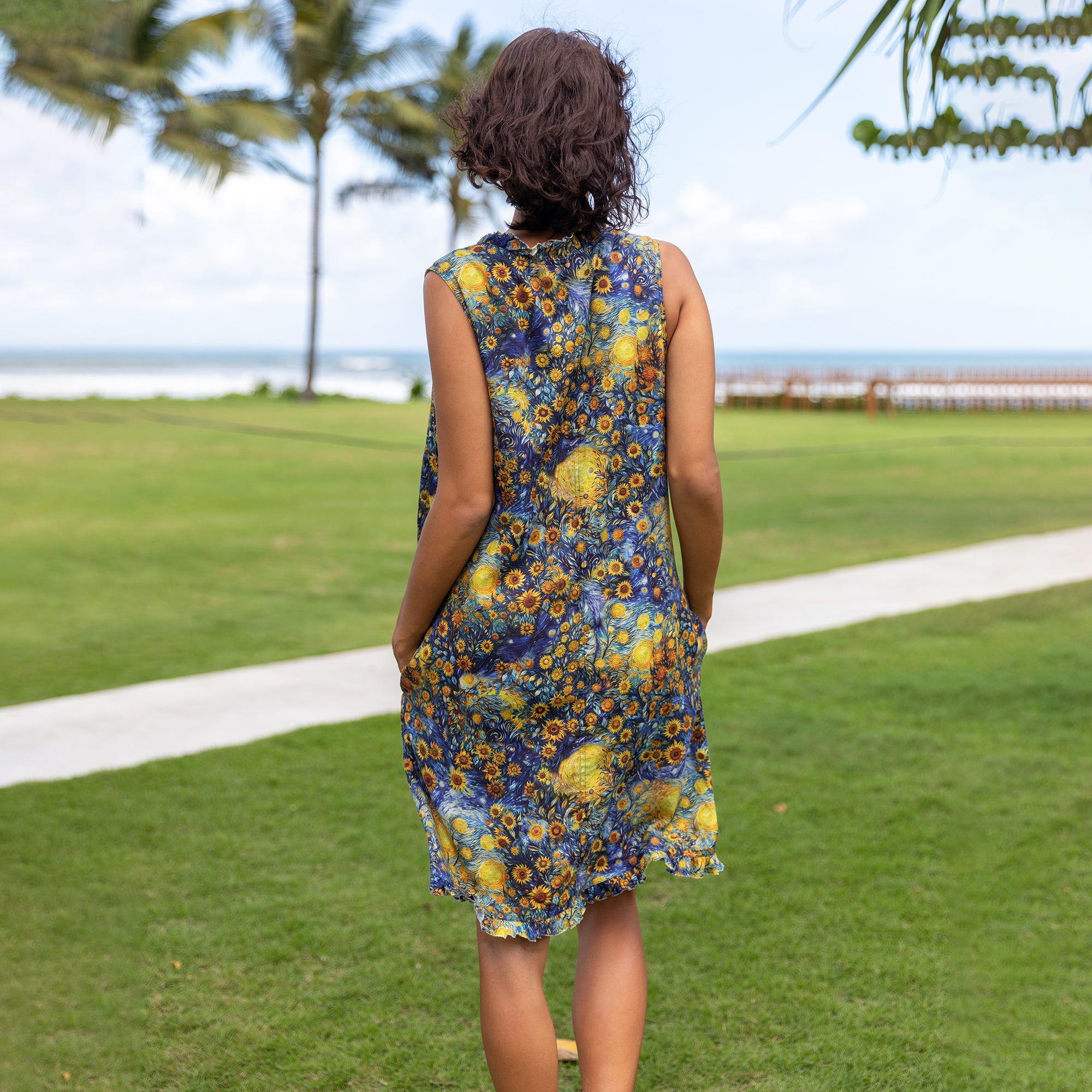 Hawaiian Dress For Women Beach Vacation Dress Van Gogh Sunflower V-Neck Dress