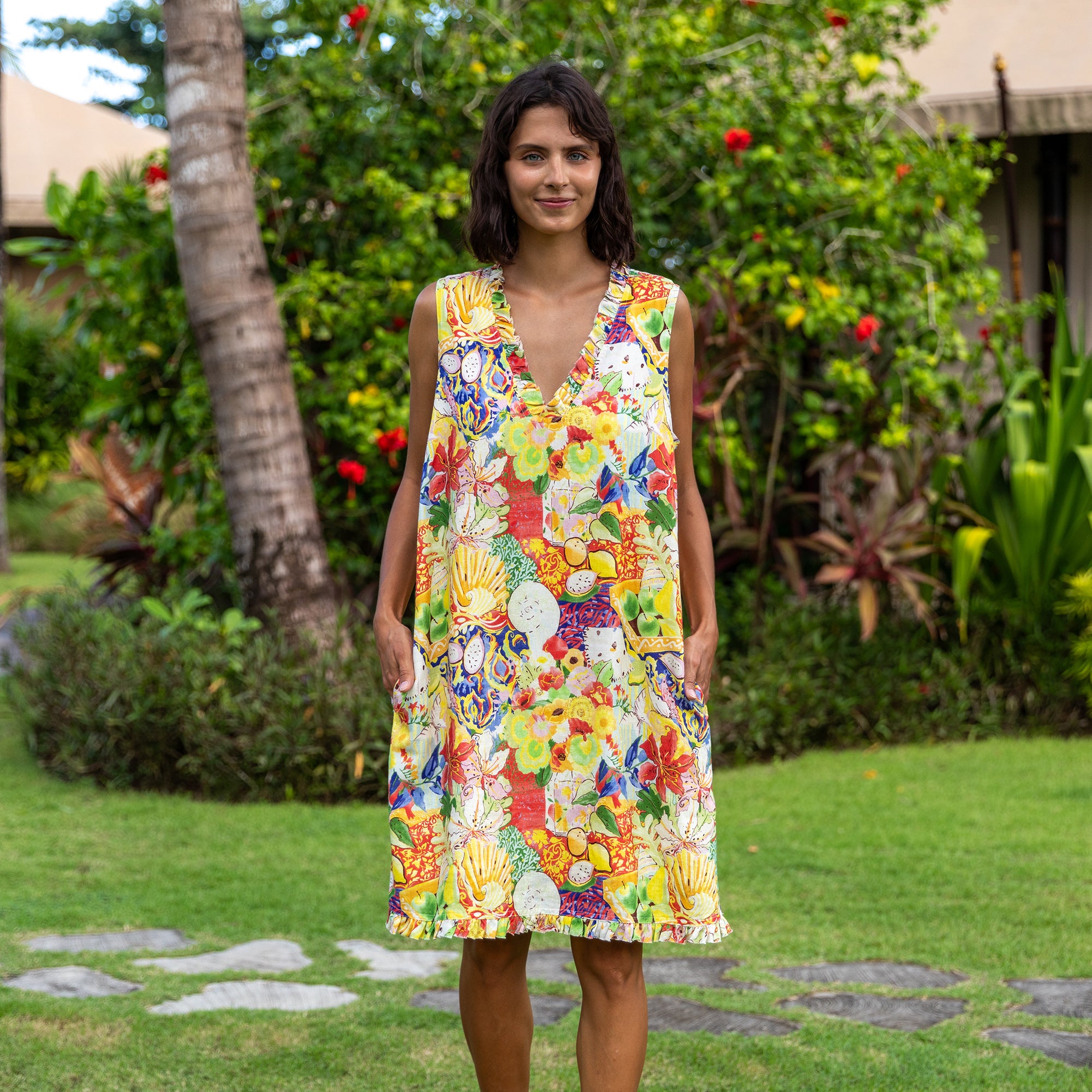 Hawaiian Dress For Women Floral and Fruity Ocean V-Neck Dress