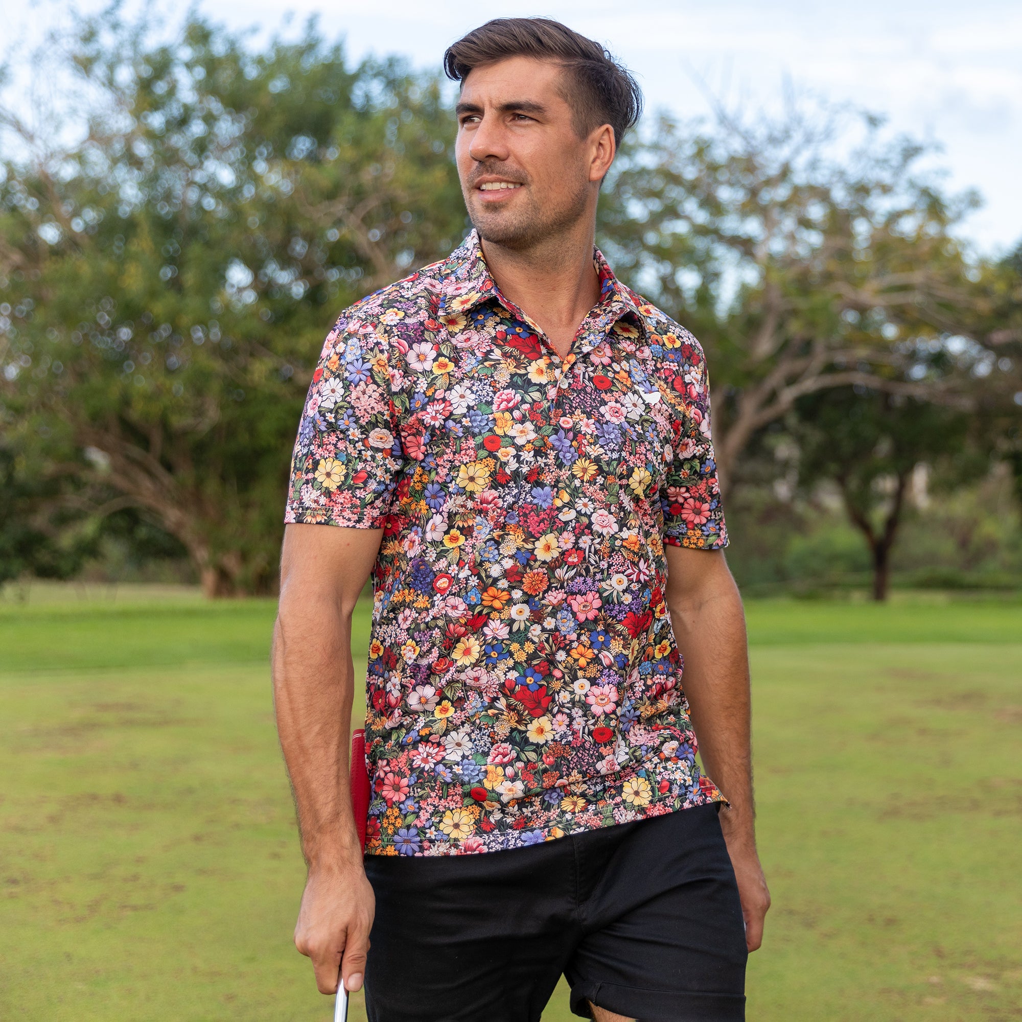 Men's Hawaiian Polo Shirt Among the Flowers Print Short Sleeve Golf Shirt
