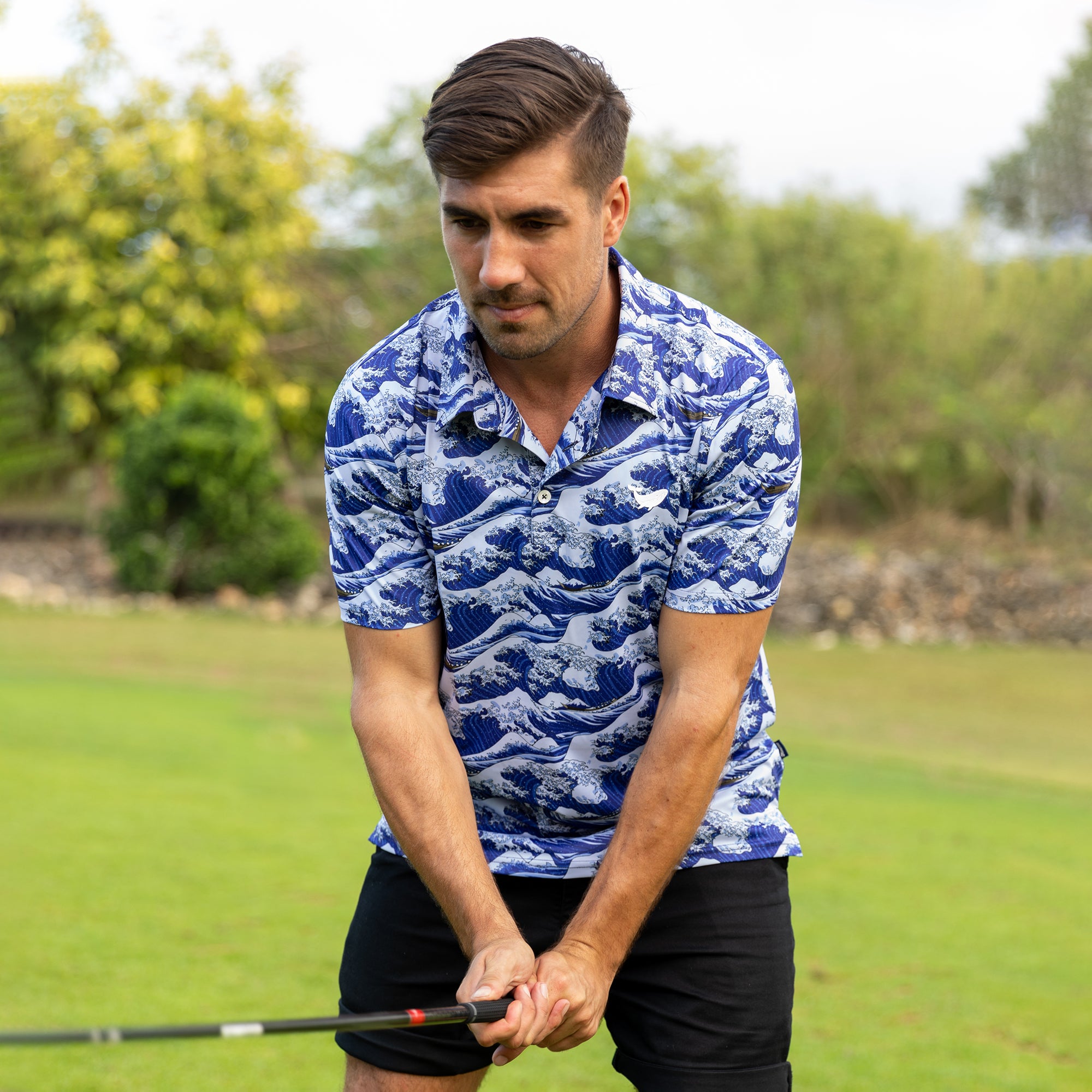 Men's Hawaiian Polo Shirt Ocean Waves Japanese Ukiyo-e Short Sleeve Golf Shirt