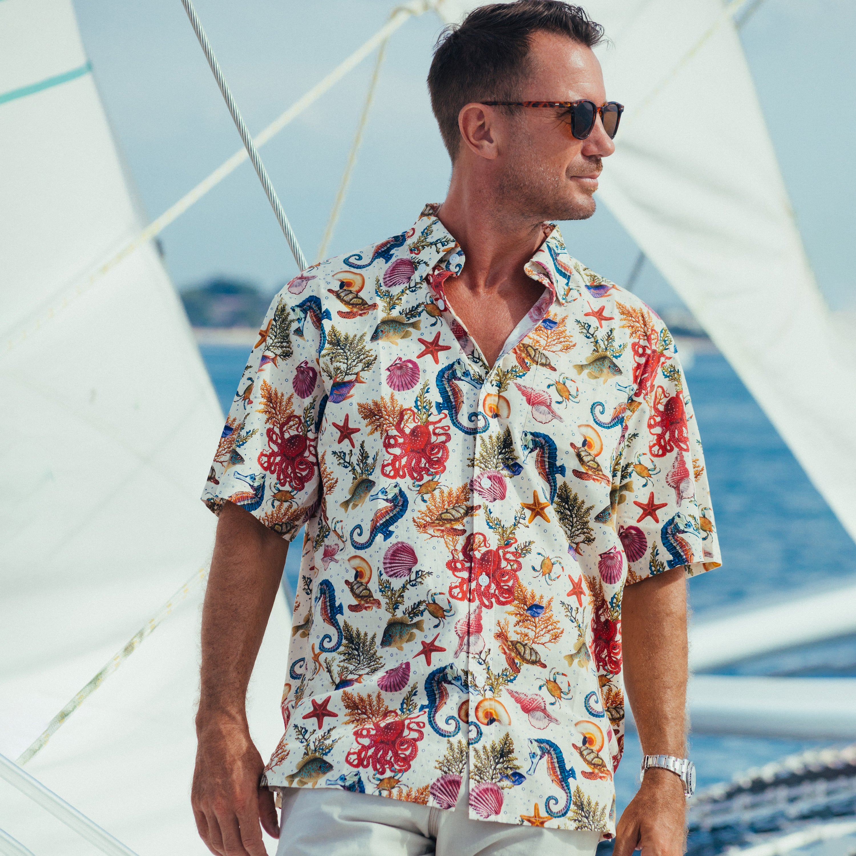 Nautica Men's Large Sailboat Hawaiian Button-Down Shirt