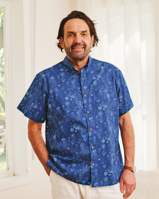 Men's Blue Jellyfish Hawaiian Shirt Cotton Button-down Short Sleeve Ocean Aloha Shirt