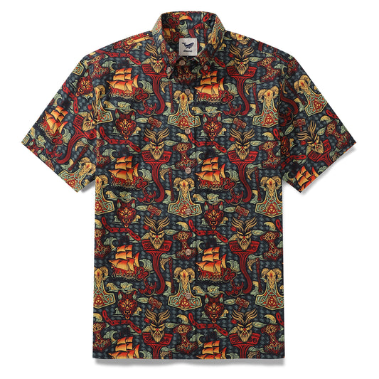 Mens Viking Hawaiian Shirt Pirate Night Button-down Short Sleeve Cotton Aloha Shirt