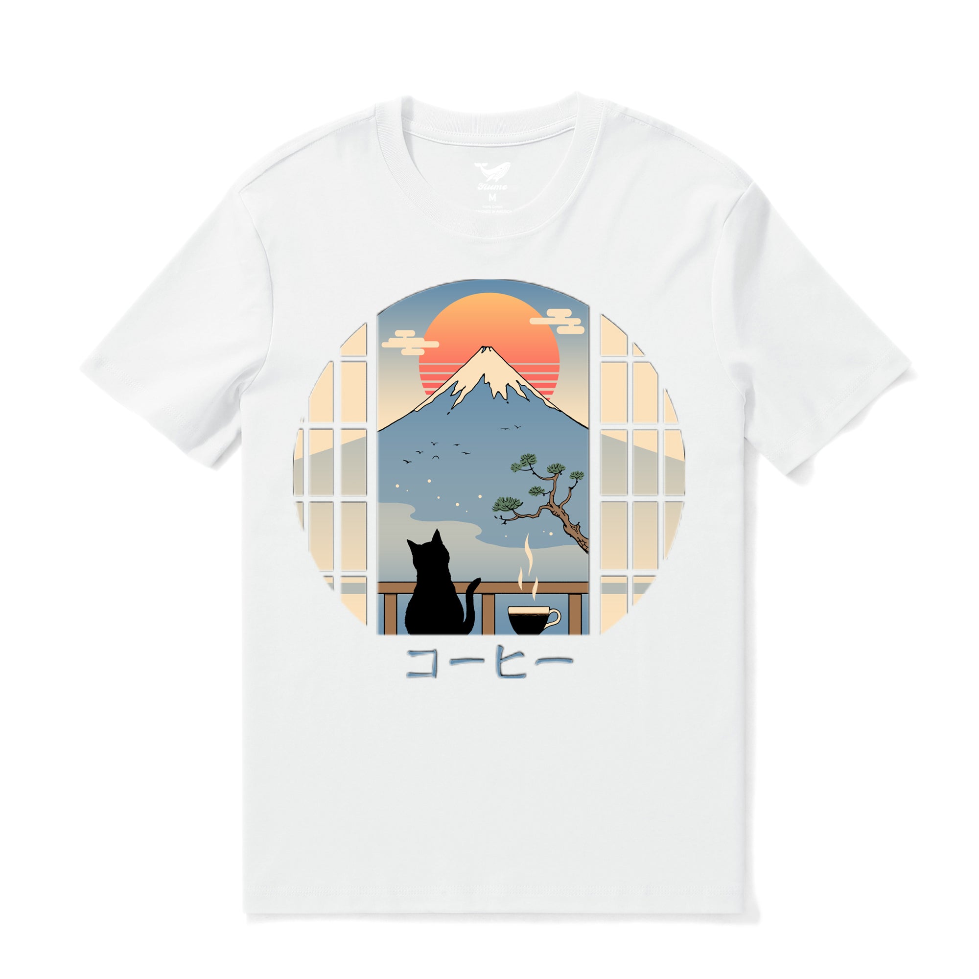 Hawaii-T-Shirt für Männer, Kaffeekatze in MT. FUJI T-Shirt mit Rundhalsausschnitt, 100 % Baumwolle – WEISS