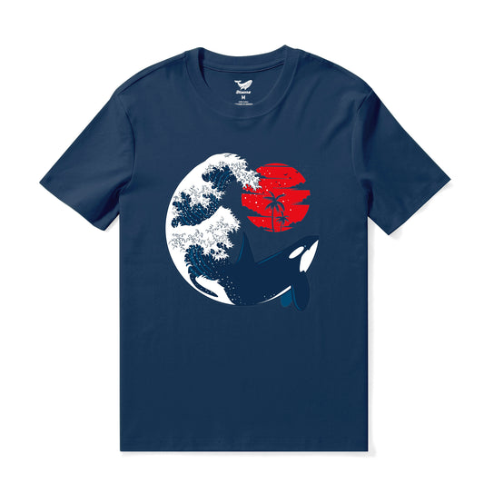 Hawaiian Tee For Men The Killer Wave Tee Crew Neck 100% Cotton - NAVY BLUE