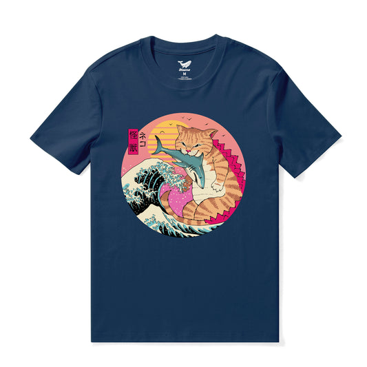 Hawaiian Tee For Men Super CatZilla Tee Crew Neck 100% Cotton - NAVY BLUE