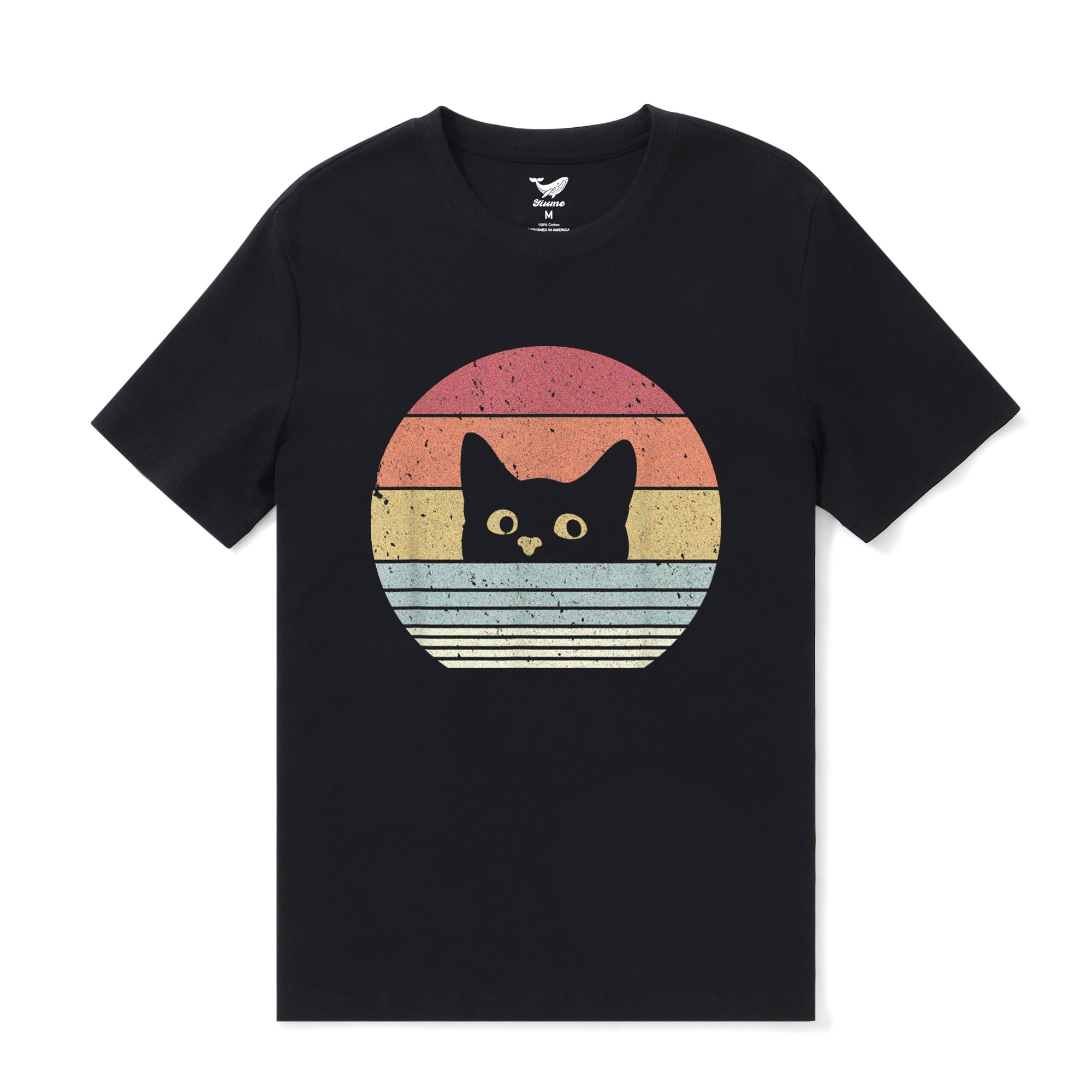 Camiseta hawaiana para hombre Retro Cute Cat Tee Cuello redondo 100% algodón - NEGRO