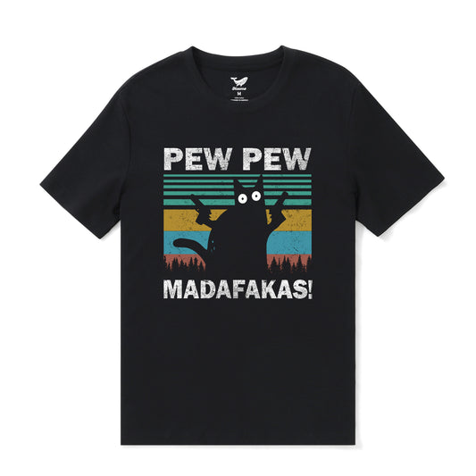 Hawaiian Tee For Men Pew Pew Madafakas Cat Tee Crew Neck 100% Cotton - BLACK