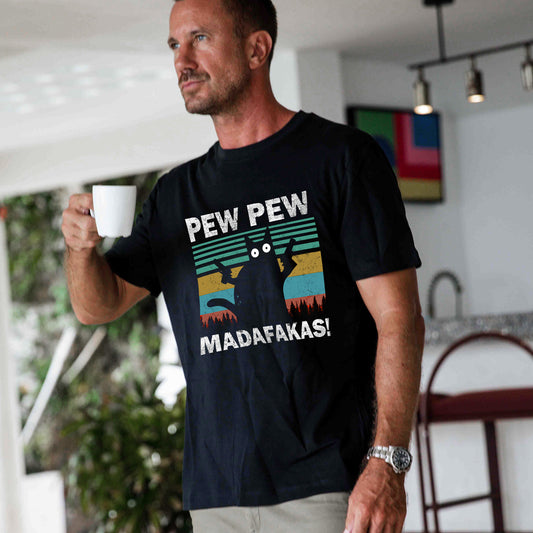 Hawaiian Tee For Men Pew Pew Madafakas Cat Tee Crew Neck 100% Cotton - BLACK