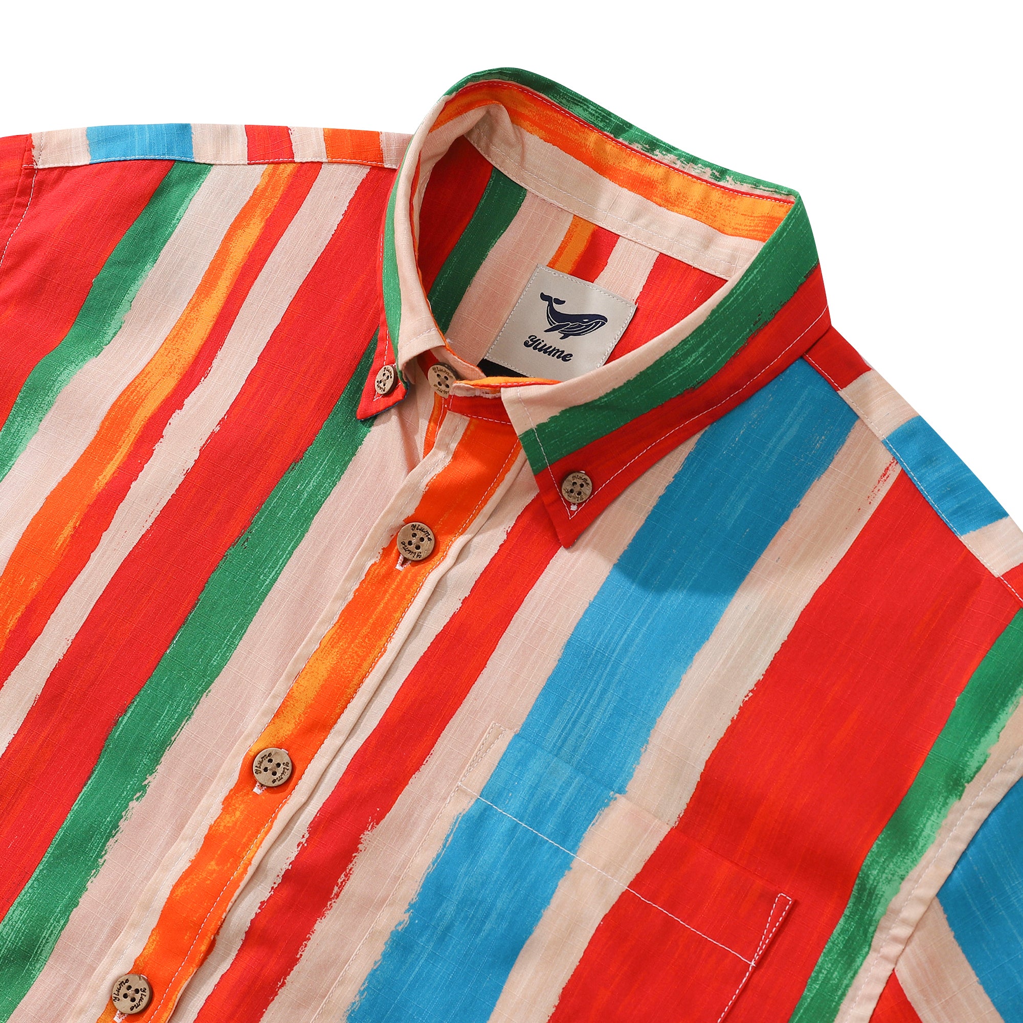 Camisa Aloha para hombre con estampado de rayas coloridas de algodón de manga corta con botones