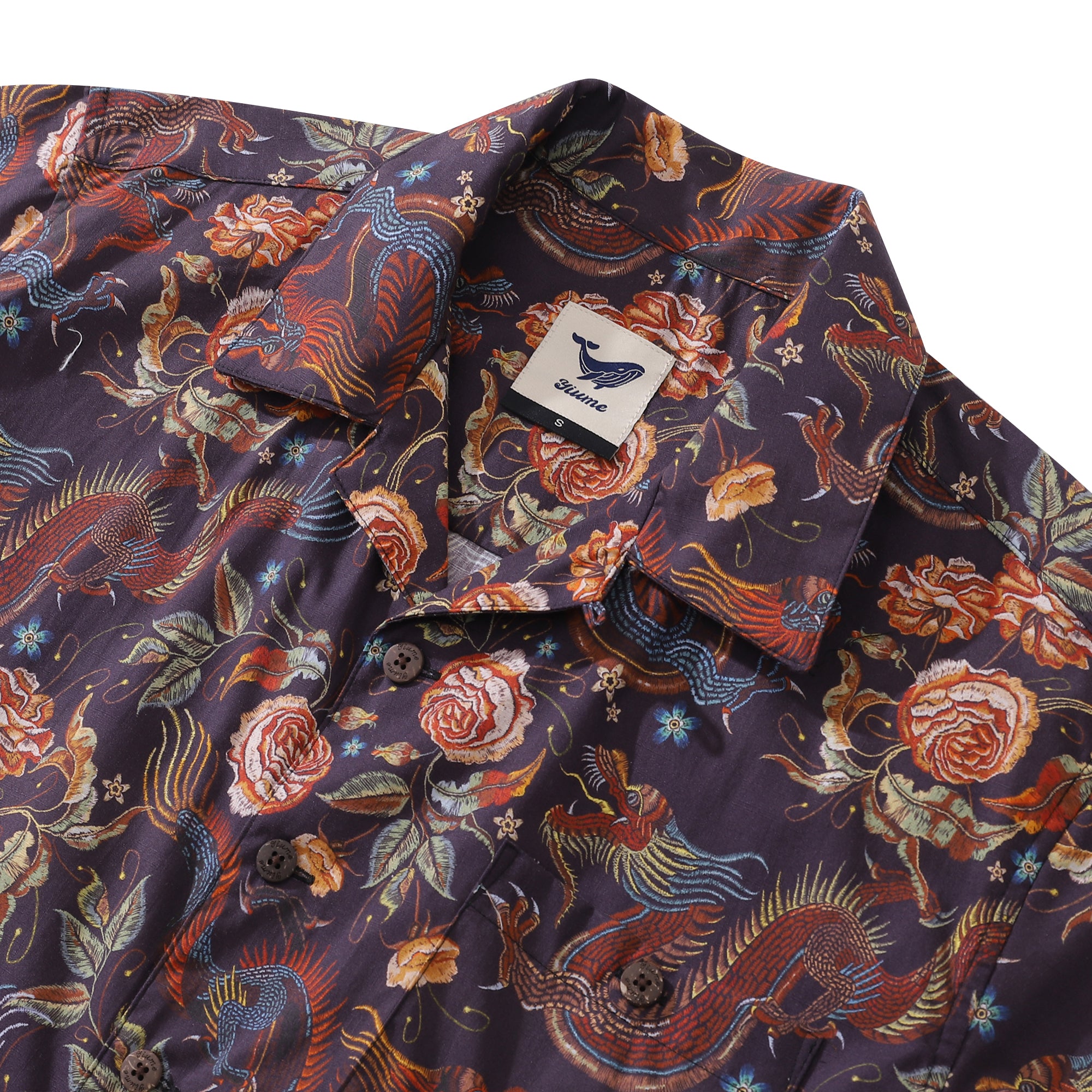 Camisa hawaiana para hombre, camisa con estampado de dragón bordado, cuello de campamento, 100% algodón