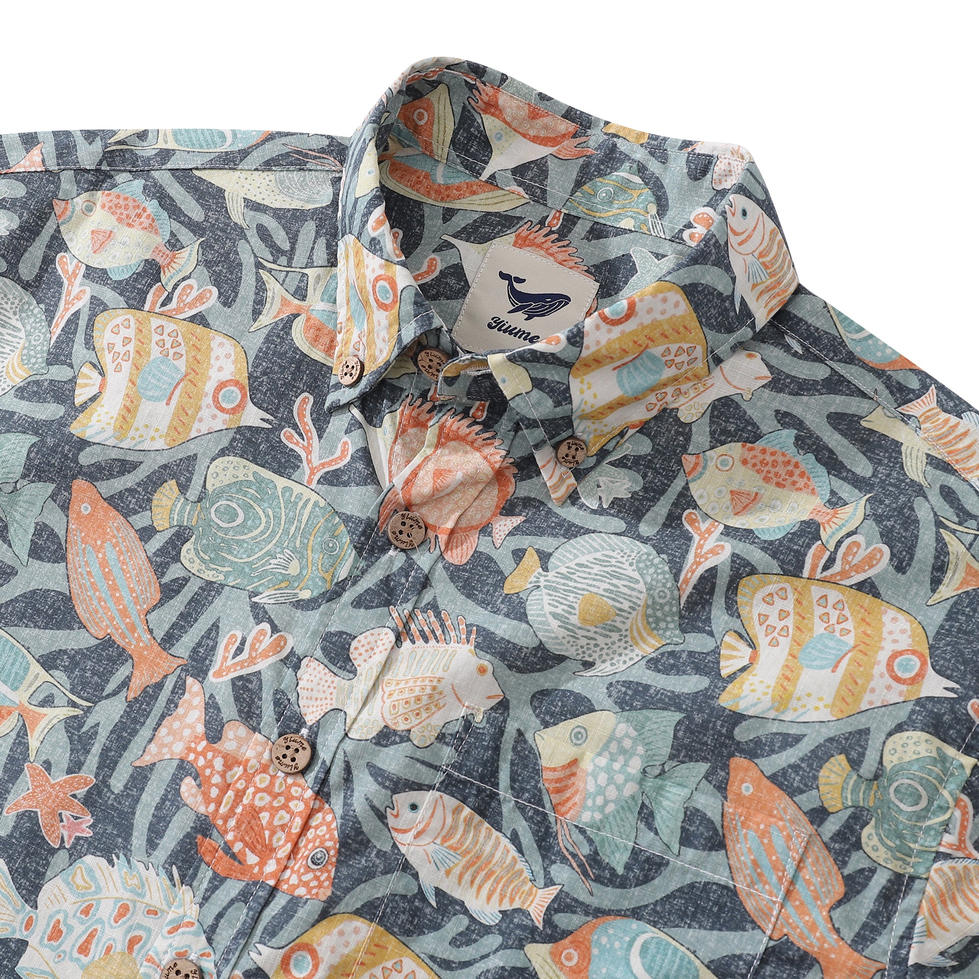 Camisa hawaiana para hombre Camisa Aloha de manga corta con botones de algodón y peces coloridos