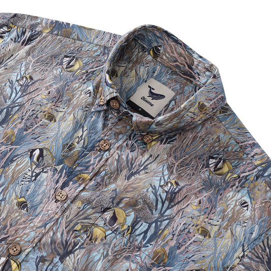 Herren-Hawaii-Hemd „Dance of the Tropical Fish“-Baumwoll-Button-Down-Kurzarm-Aloha-Hemd mit Aufdruck