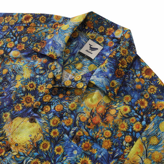 1960s Vintage Hawaiian Shirt For Men Van Gogh Sunflower Shirt Camp Collar 100% Cotton