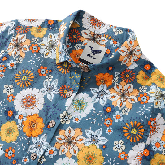 Women's Hawaiian Shirt 60's Floral Print By Samantha O' Malley Print Cotton Button-up Short Sleeve