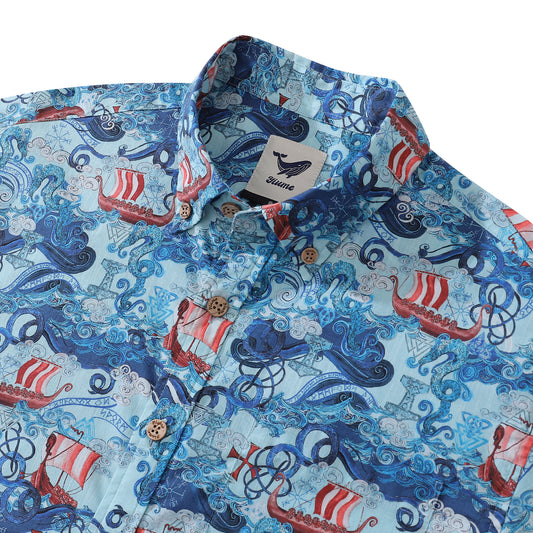 Men's Hawaiian Shirt Vikings By Alice Brown Cotton Button-down Short Sleeve Aloha Shirt