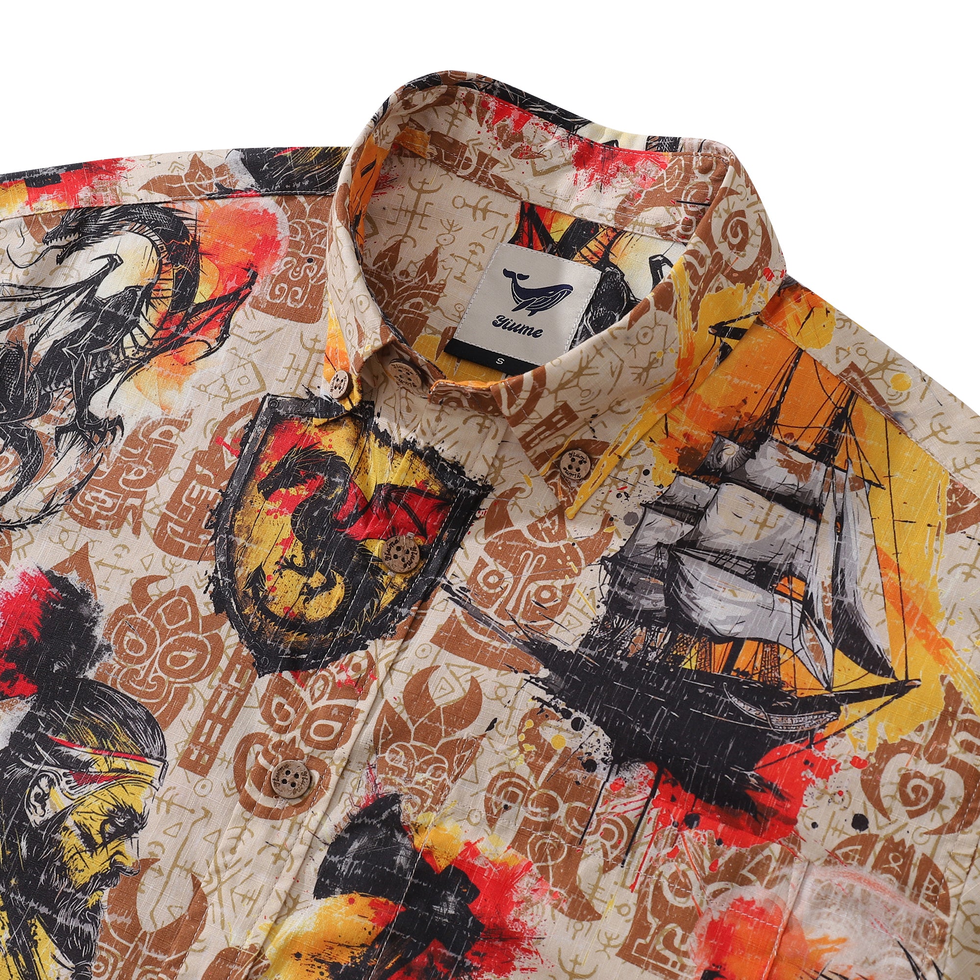 Herren-Hawaiihemd „Viking Valor“ aus Baumwolle mit Button-Down-Kurzarm und Aloha-Hemd
