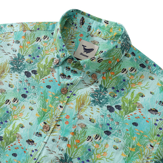 Green Hawaiian Shirt For Men Tropicial Fish Shirt Button-down Short Sleeve 100% Cotton Shirt