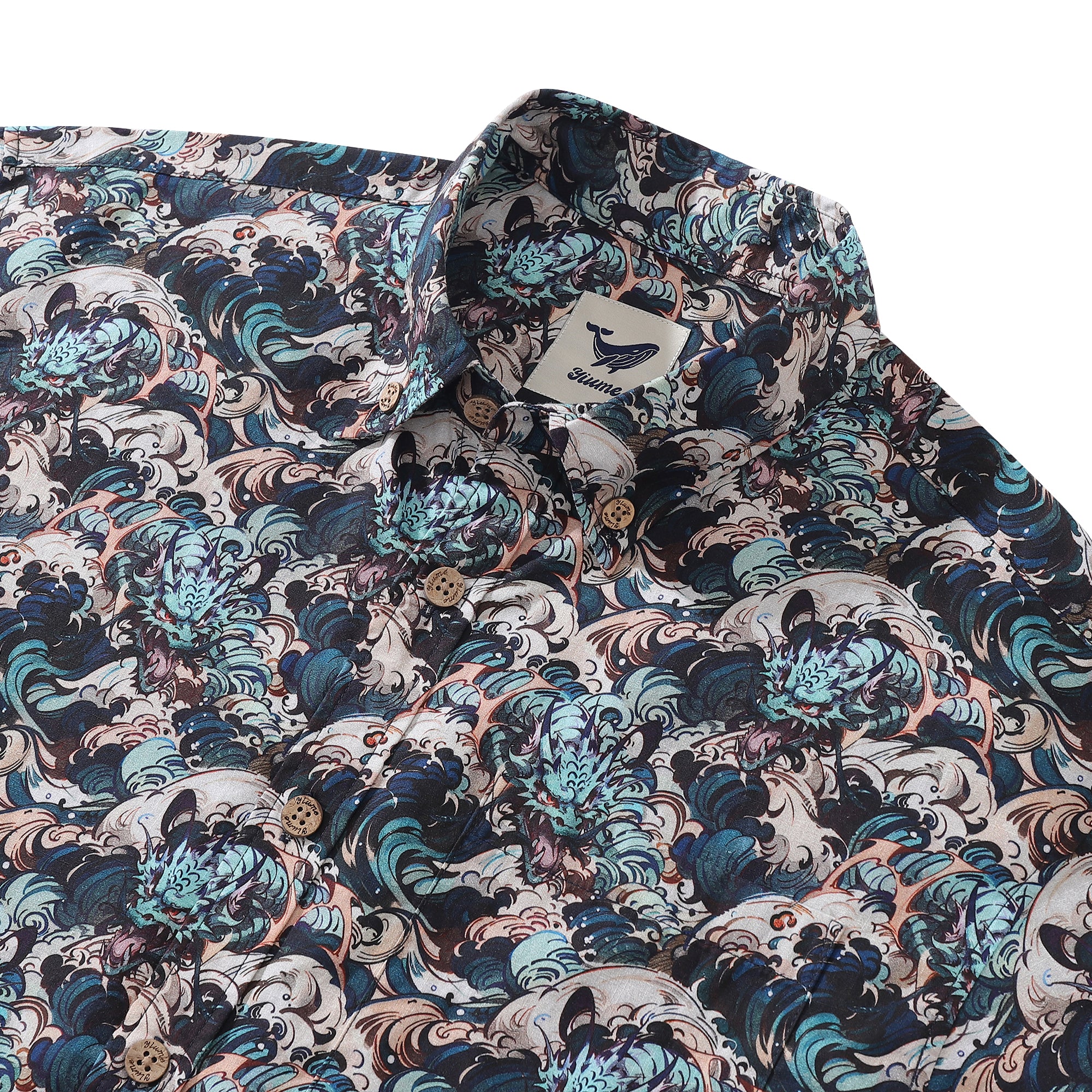 Camisa hawaiana para hombre, camisa Aloha de manga corta con botones y algodón con estampado de ondas de dragón