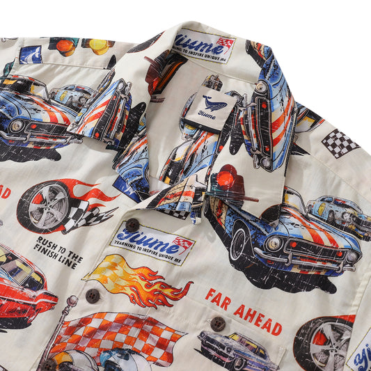 Hawaiian Shirt For Men Racing Flames Print Shirt Camp Collar 100% Cotton