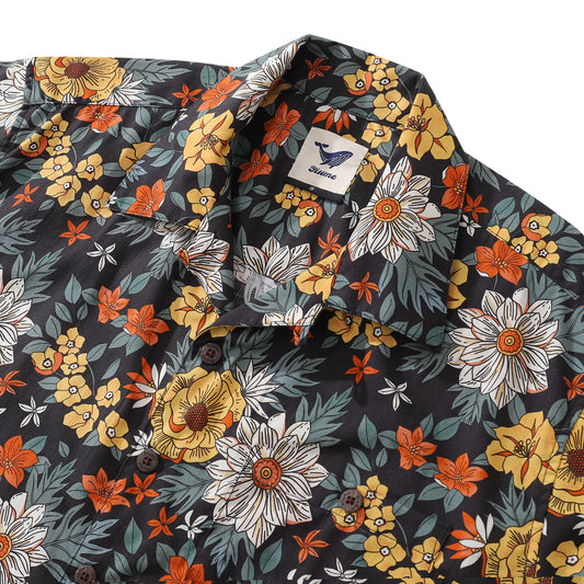 Hawaiian Shirt For Men Autumn Garden Print Shirt Camp Collar 100% Cotton