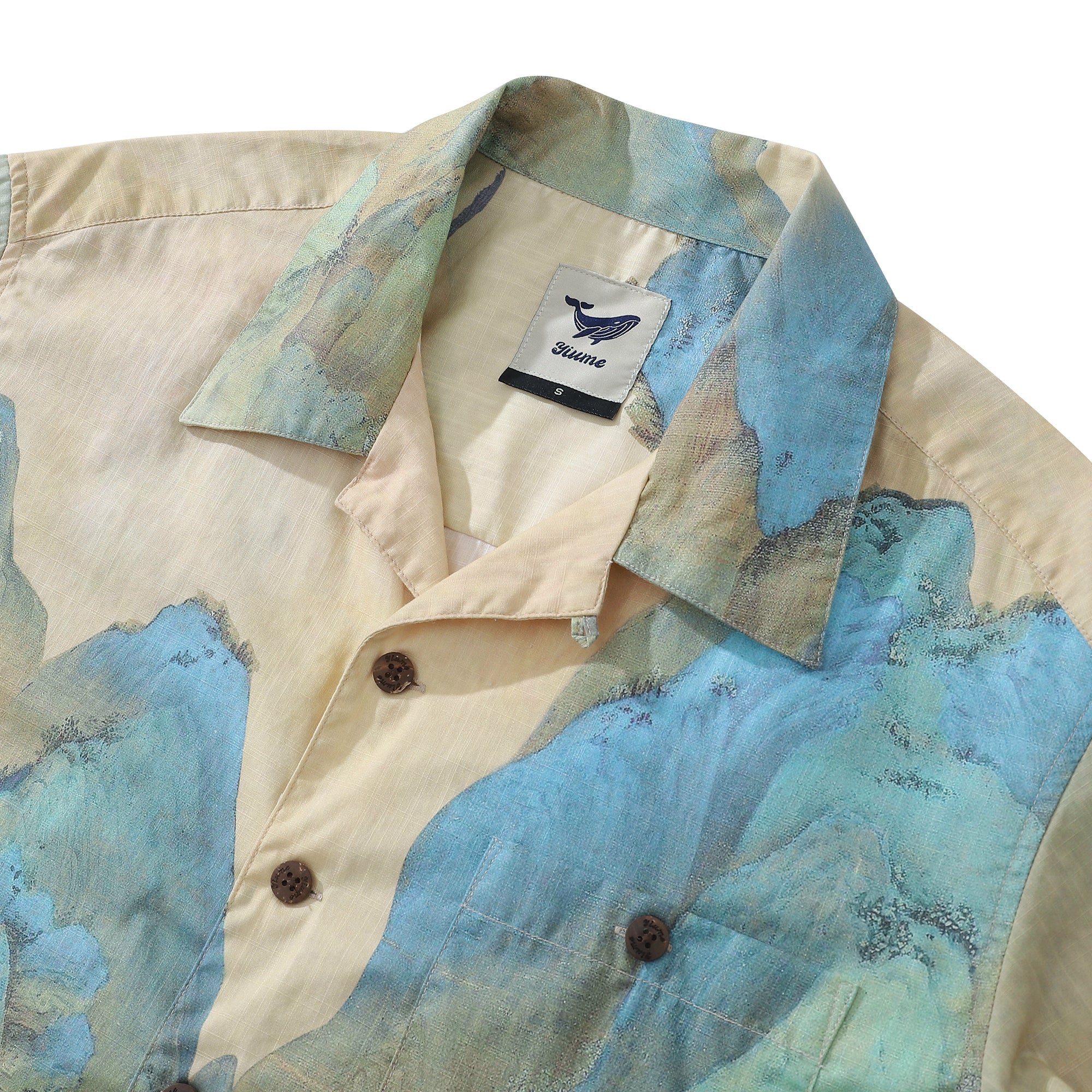 Camisa hawaiana vintage de los años 50 para hombre, camisa de campamento de manga corta con diseño de ríos y montañas Crane